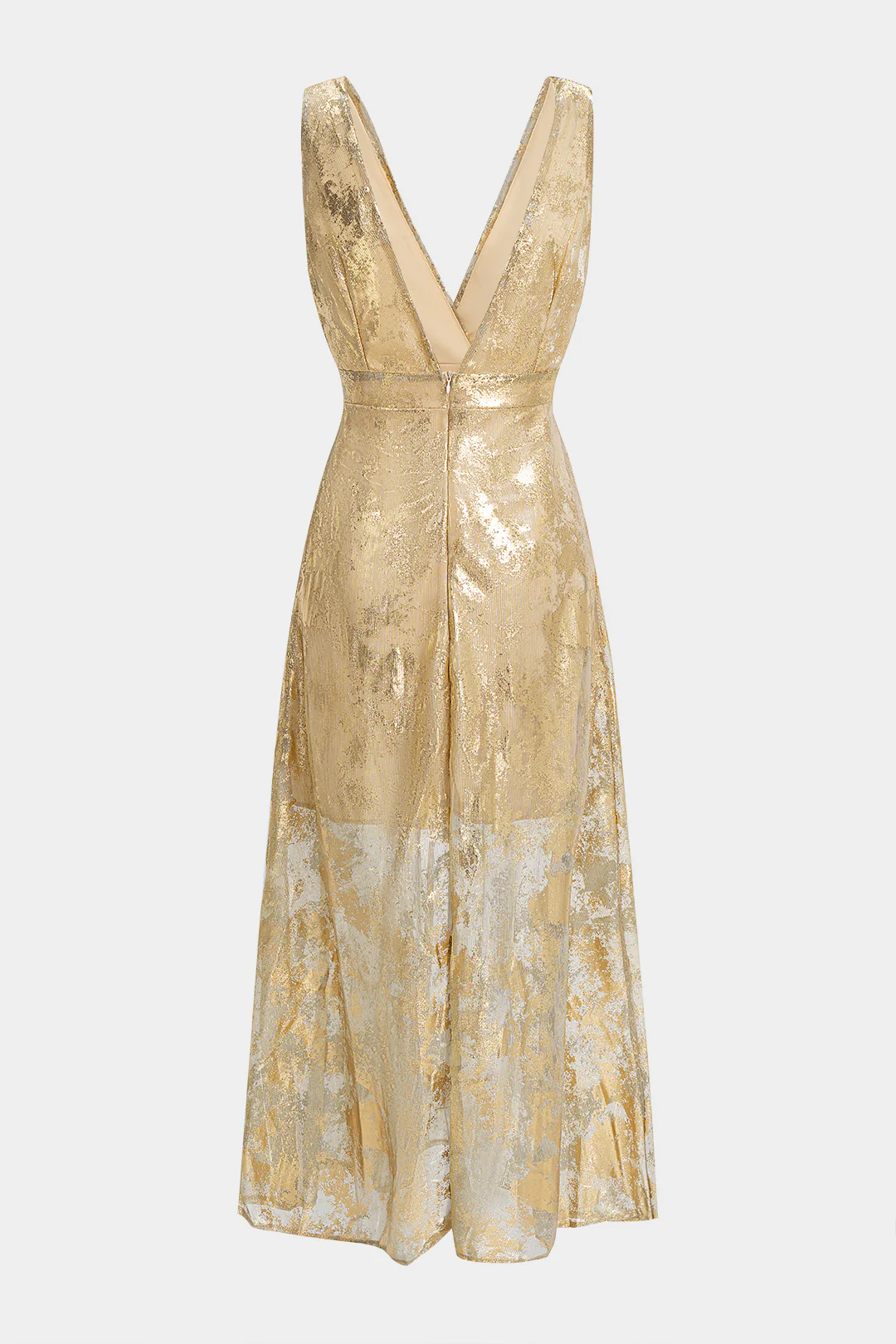 Metallic Print Deep V-Neck Slip Long Sleeve Maxi Dress - Weenar