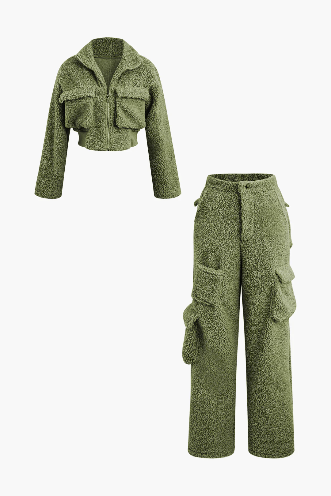 Fleece Collar Flap Pocket Zip Up Long Sleeve Top And Straight Leg Cargo Pants Set - Weenar