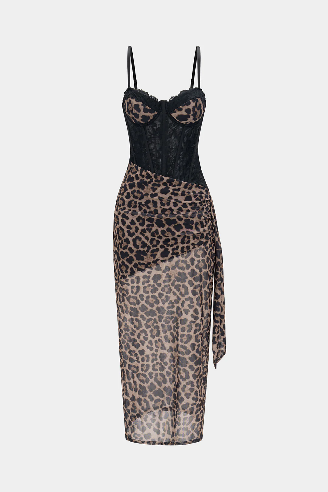 Leopard Print Bustier Lace Slip Sleeveless Maxi Dress - Weenar