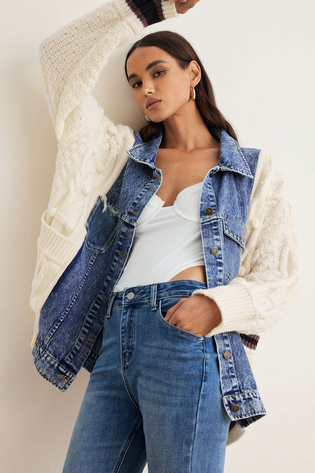 Knit Denim Patchwork Sweater Cardigan - Weenar