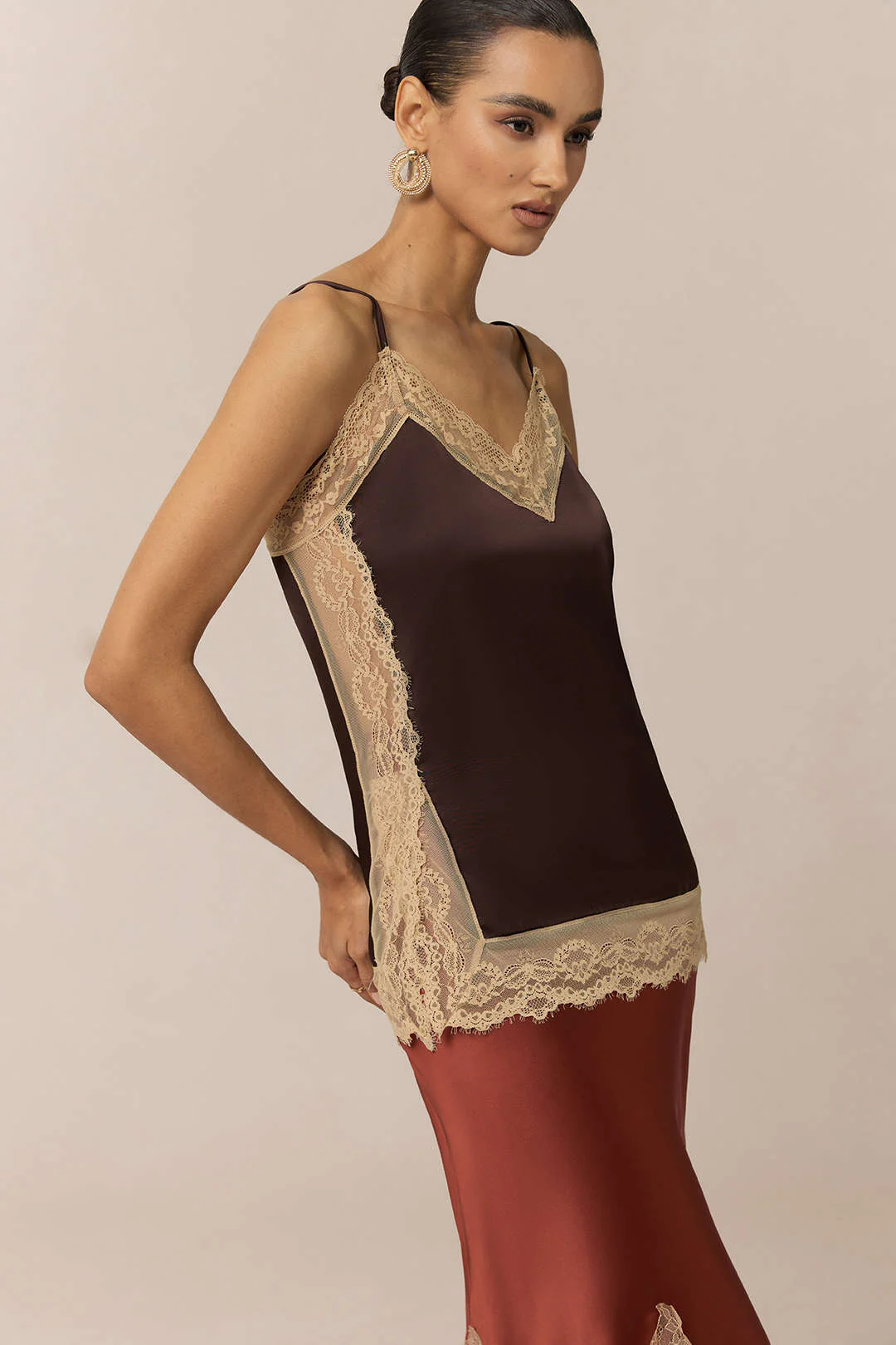 Satin Patchwork Lace Trim Cami Top - Weenar