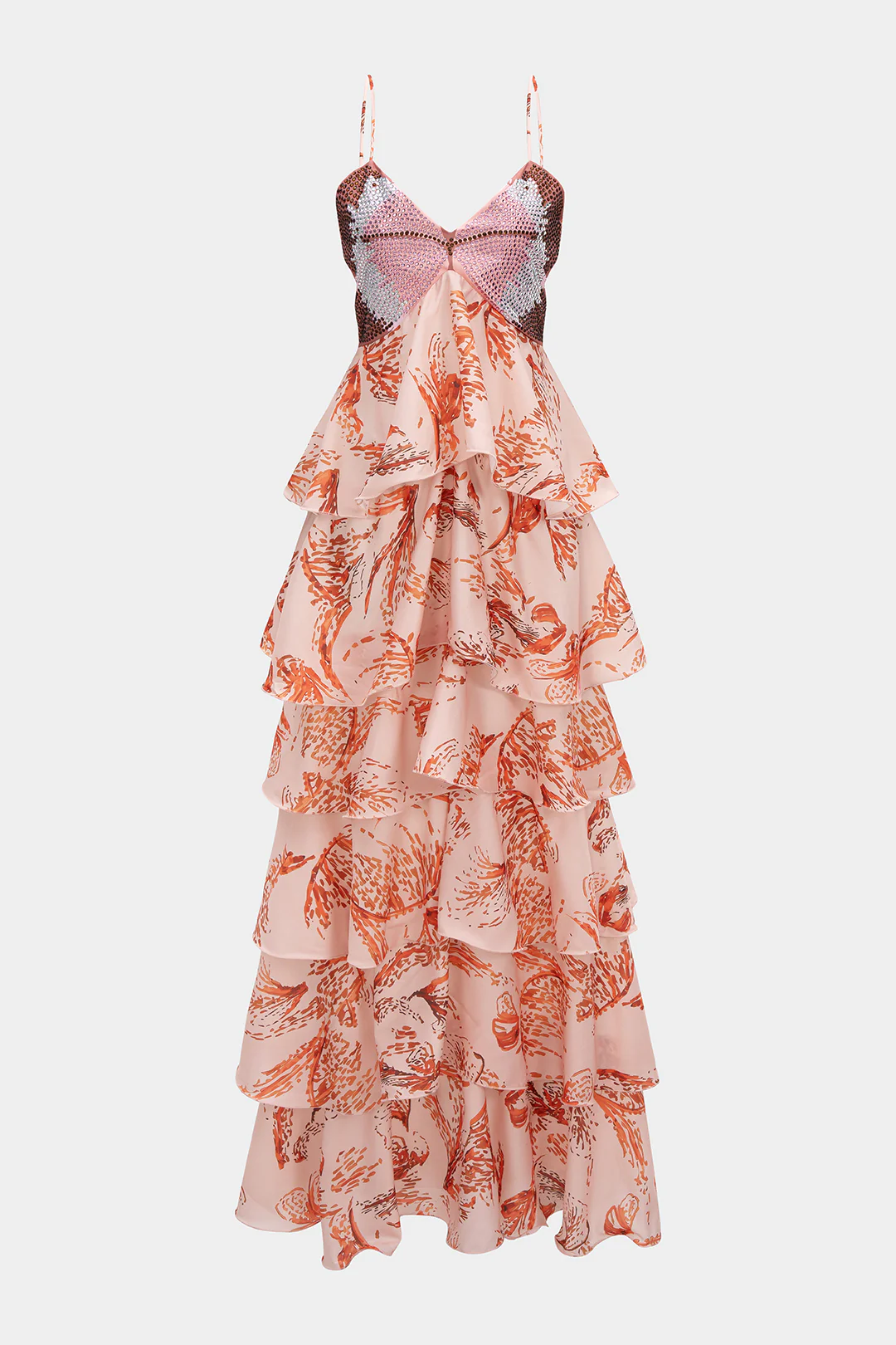 Butterfly Print Ruffle Rhinestone Tie-Up Backless Sleeveless Maxi Dress - Weenar