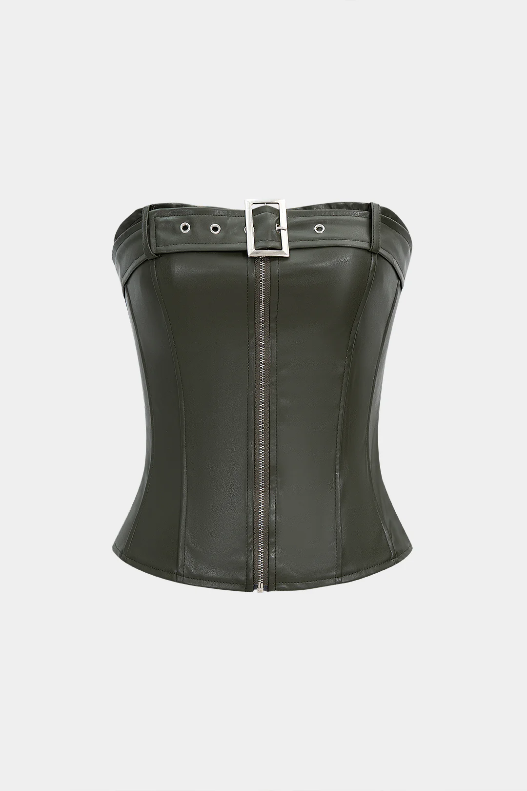 Faux Leather Smocked Strapless Belted Zipper Tube Top - Weenar