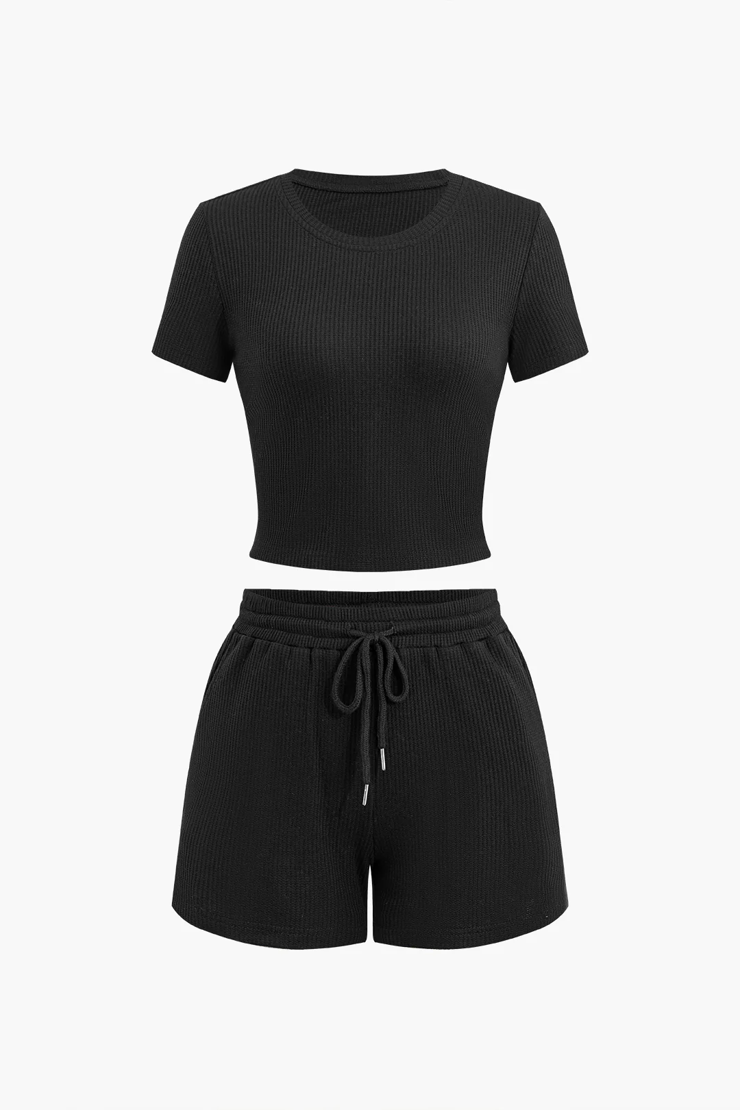 Stripes Round Neck Short Sleeve Top And Drawstring Shorts Set - Weenar