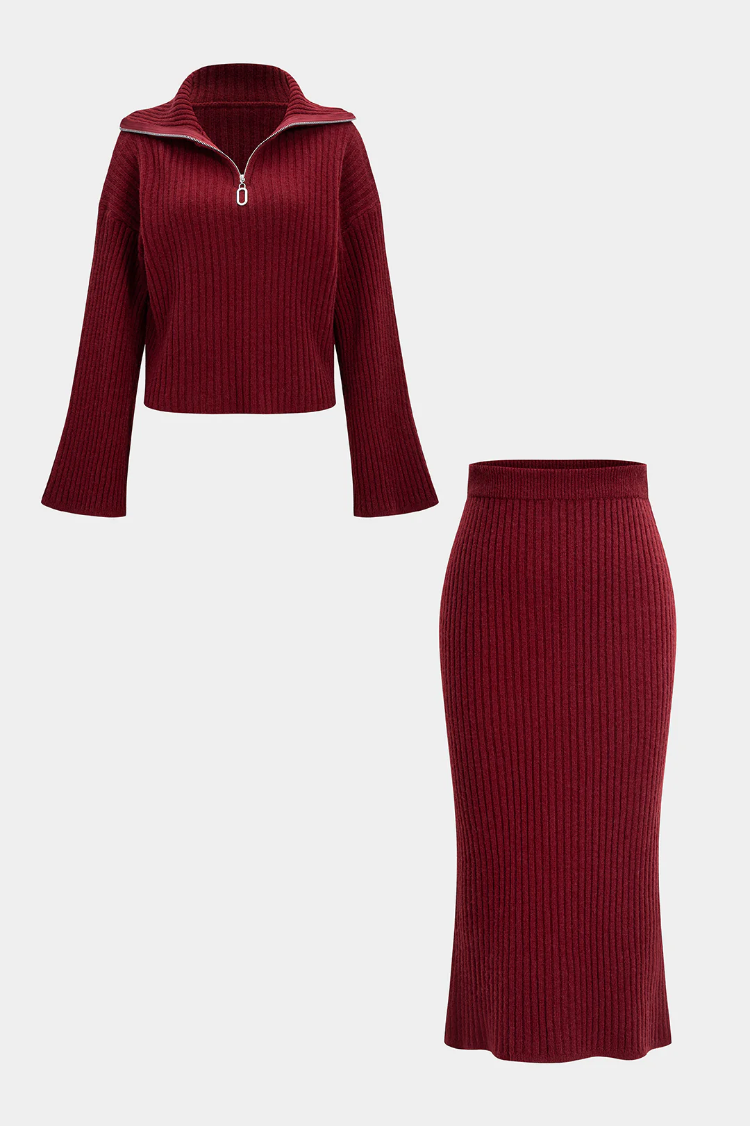 Knit Ribbed Zipper Collar Long-Sleeve Top And Skirt Set - Weenar