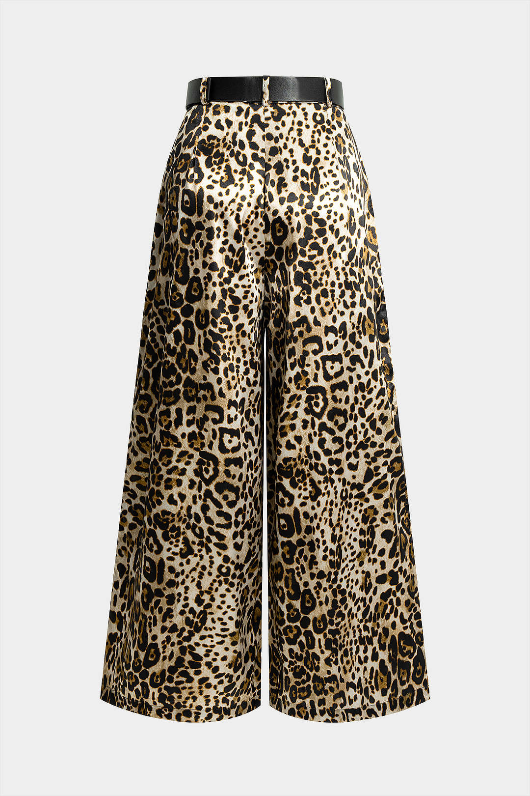 Leopard Print Satin Belted Straight Leg Trousers - Weenar