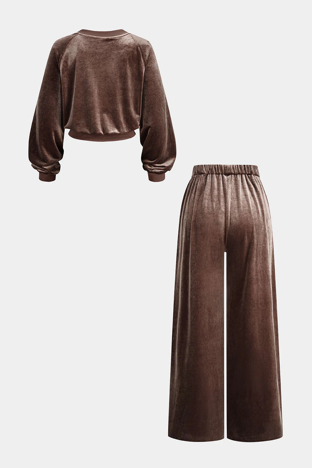 Velvet Patchwork V-Neck Long Sleeve Top And Shirred Waistband Wide-Leg Pants Set - Weenar