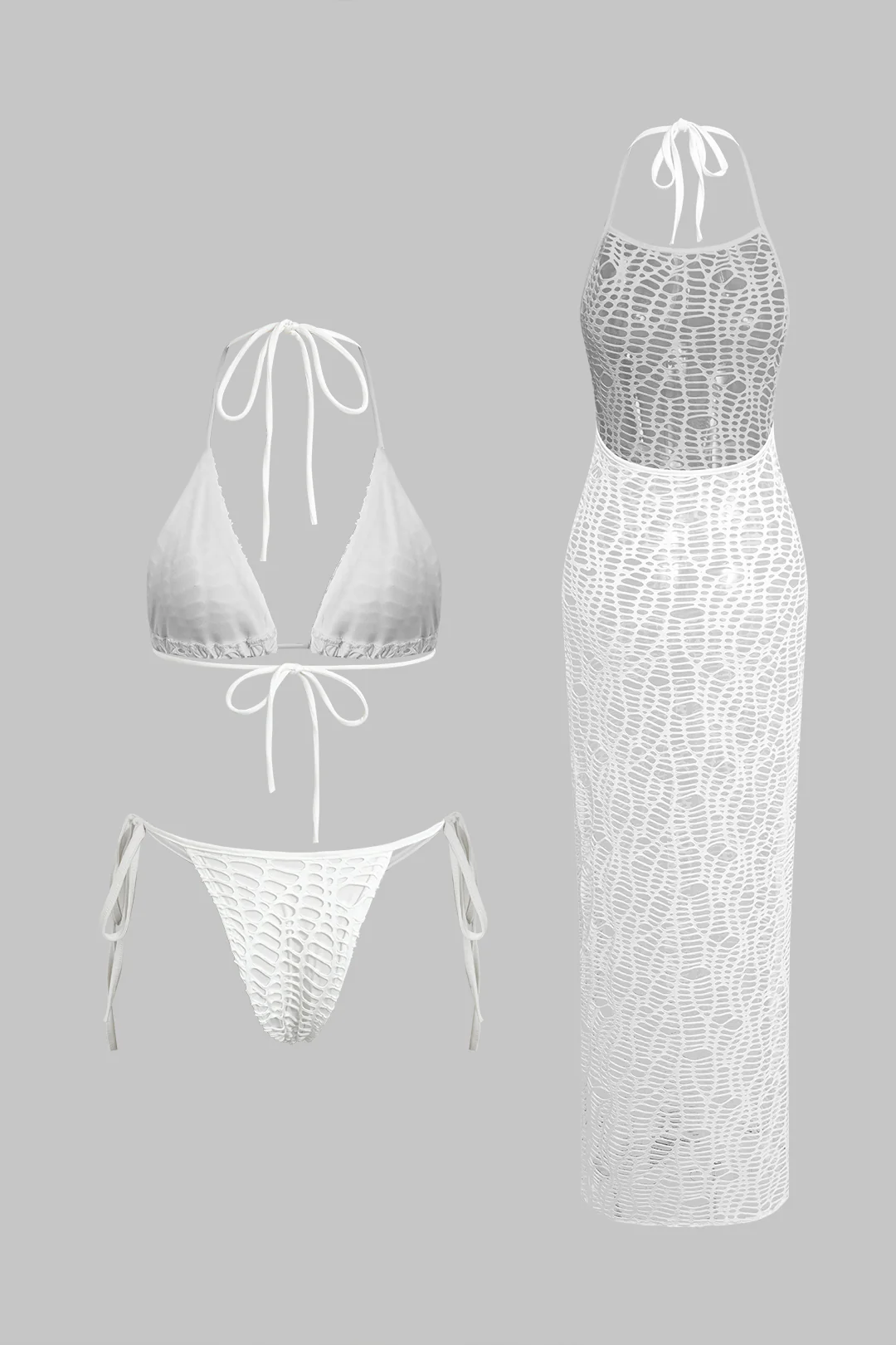 Textured Halter Neck Bikini And Open Knit Cover Up Set - Weenar