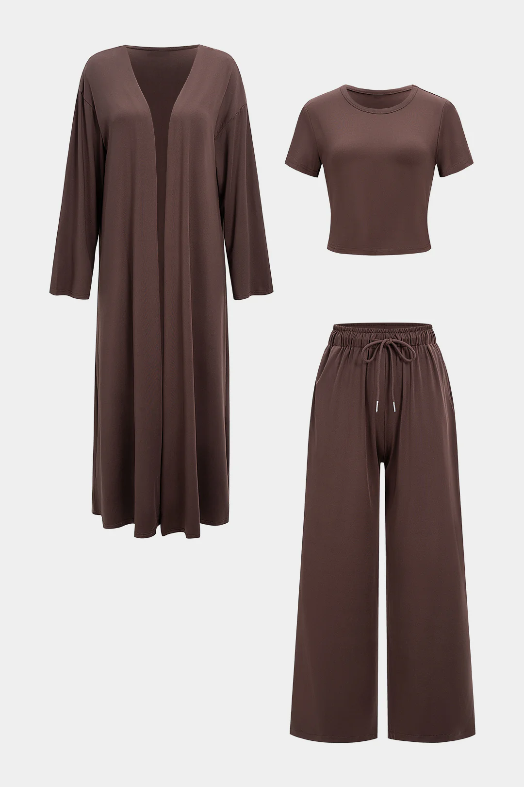 Solid Long Cardigan And Short-Sleeve Top And Drawstring High Waist Pants Set - Weenar