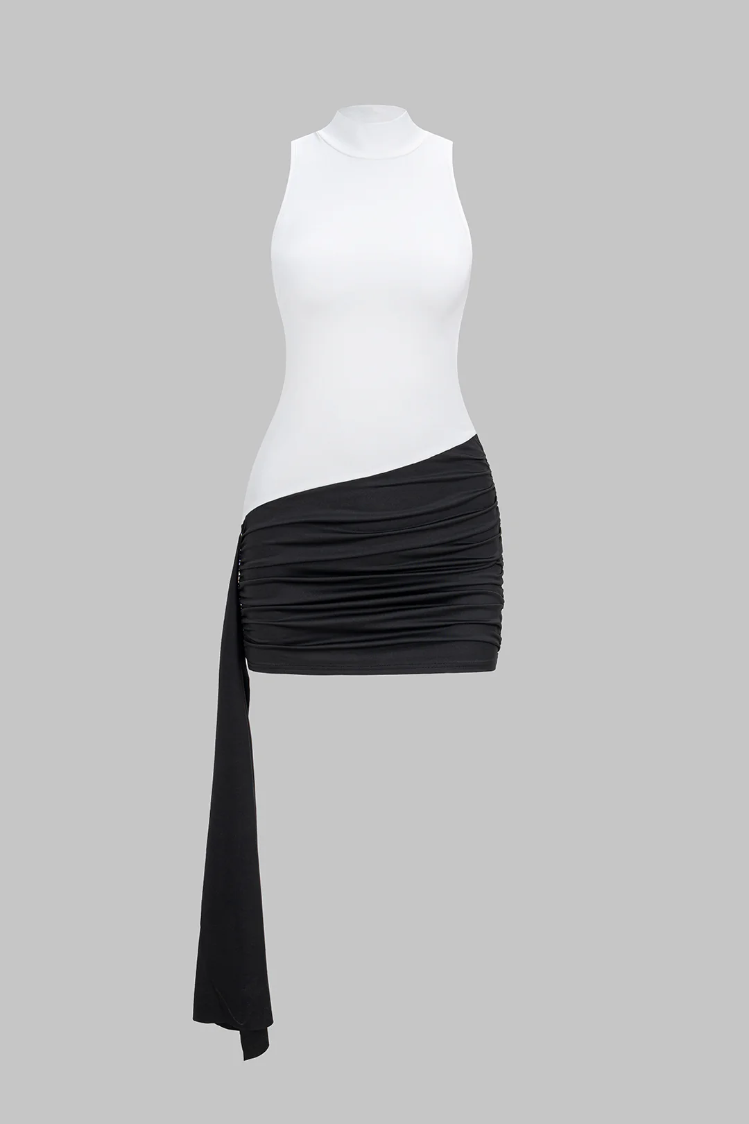 Contrast Mock Neck Ruched Strappy Sleeveless Mini Dress - Weenar
