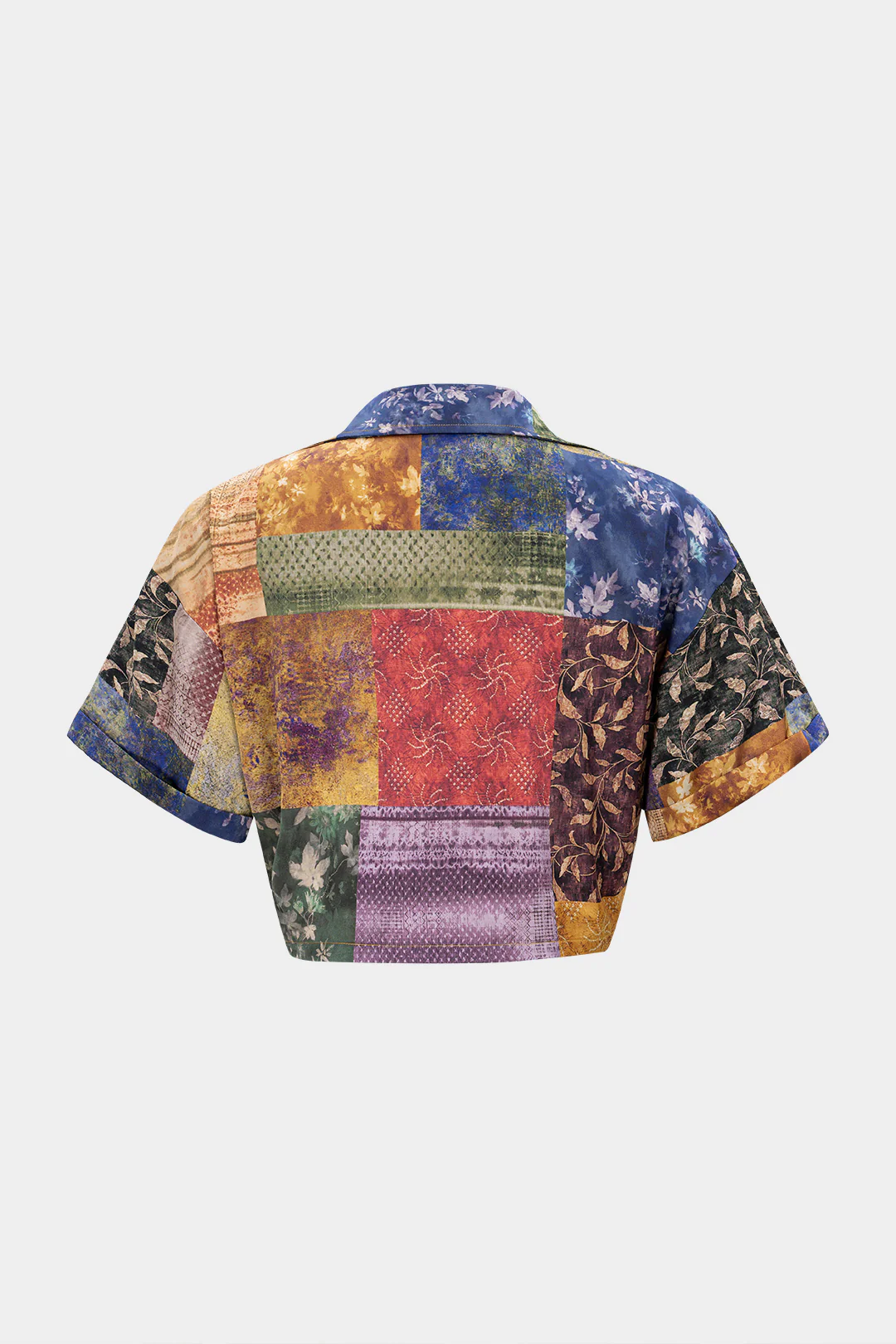 Patchwork Print Satin V-Neck Ruched Short Sleeve Top - Weenar