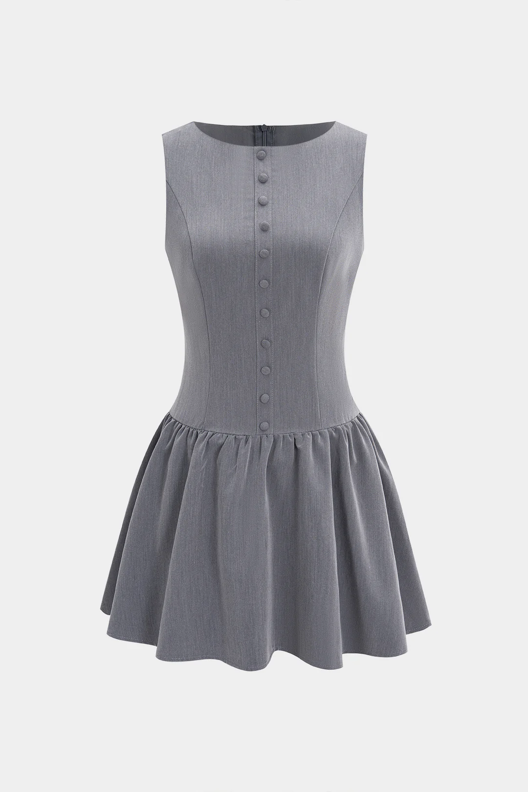 Button Ruched Zipper Detail Sleeveless Mini Dress - Weenar
