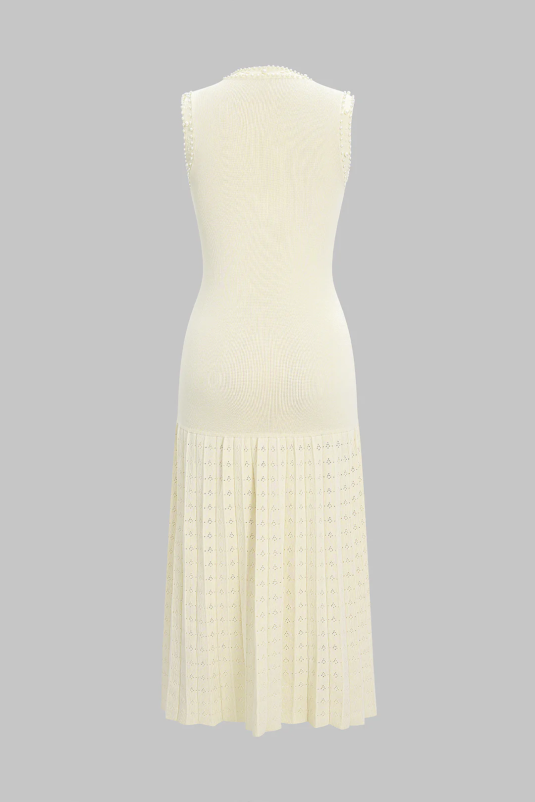 Knit Round Neck Hollow Out Pearls Decor Sleeveless Dress - Weenar