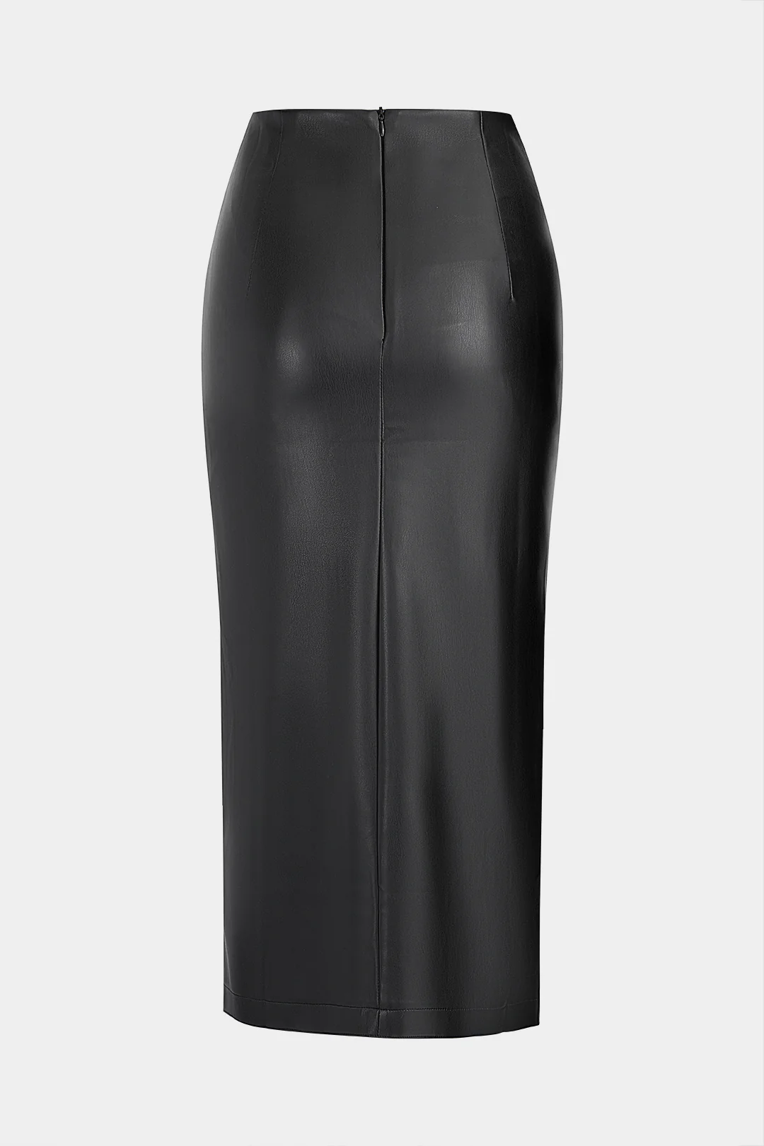 Faux Leather Metallic Buckle Slit Skirt - Weenar