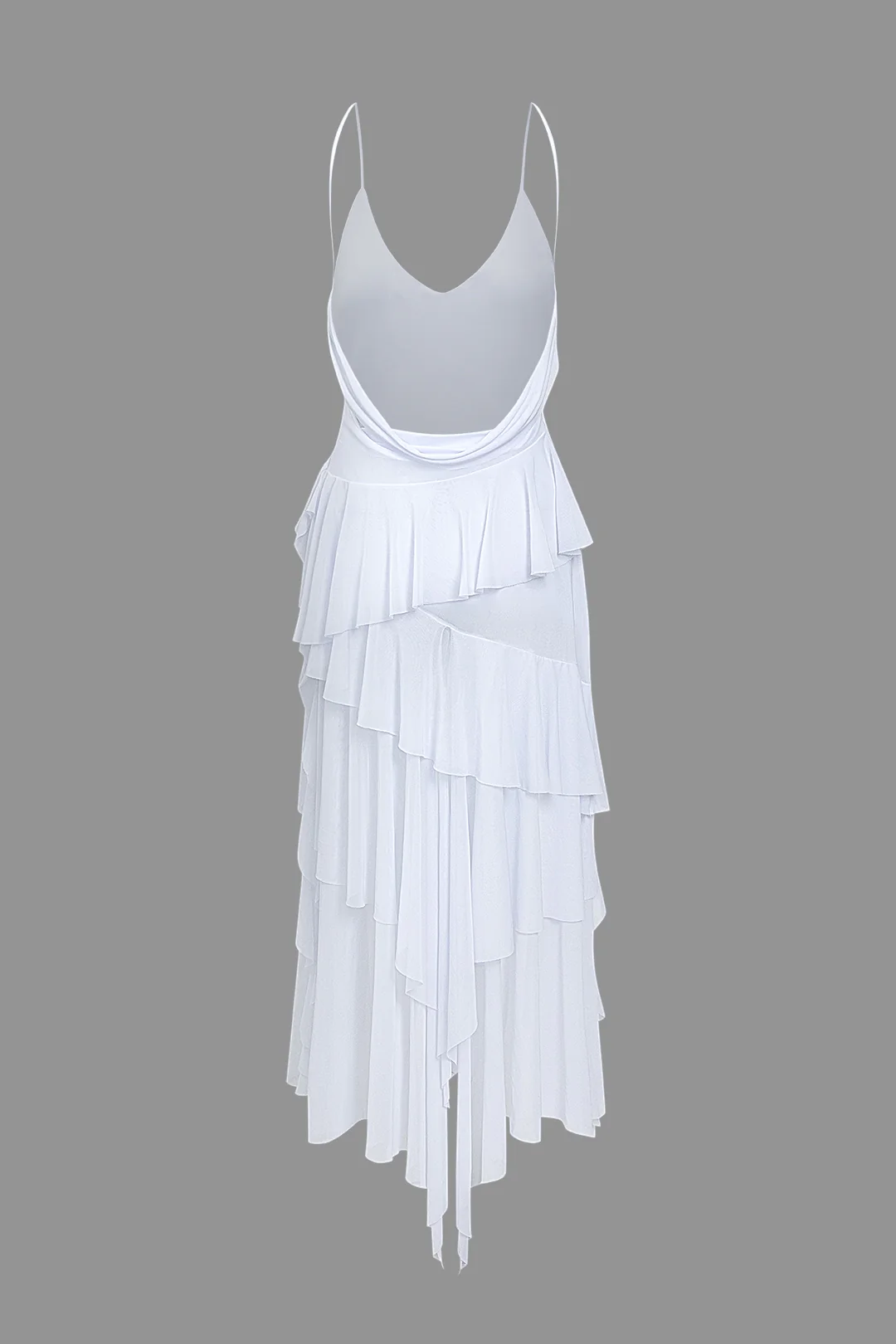 Mesh Backless Asymmetrical Ruffle Sleeveless Maxi Dress - Weenar