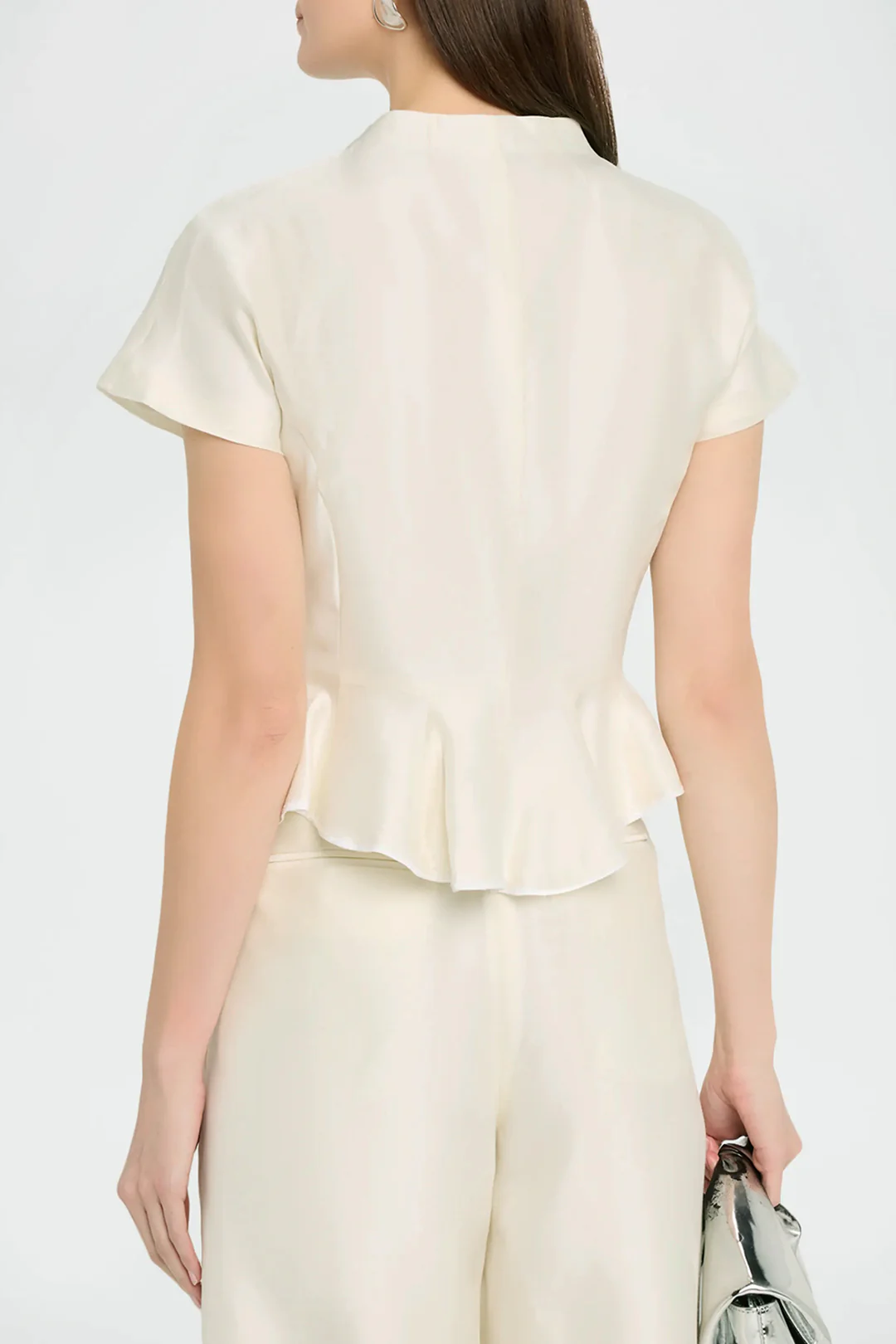 Mock Neck Ruffle Hem Zipper Short-Sleeve Shirt - Weenar