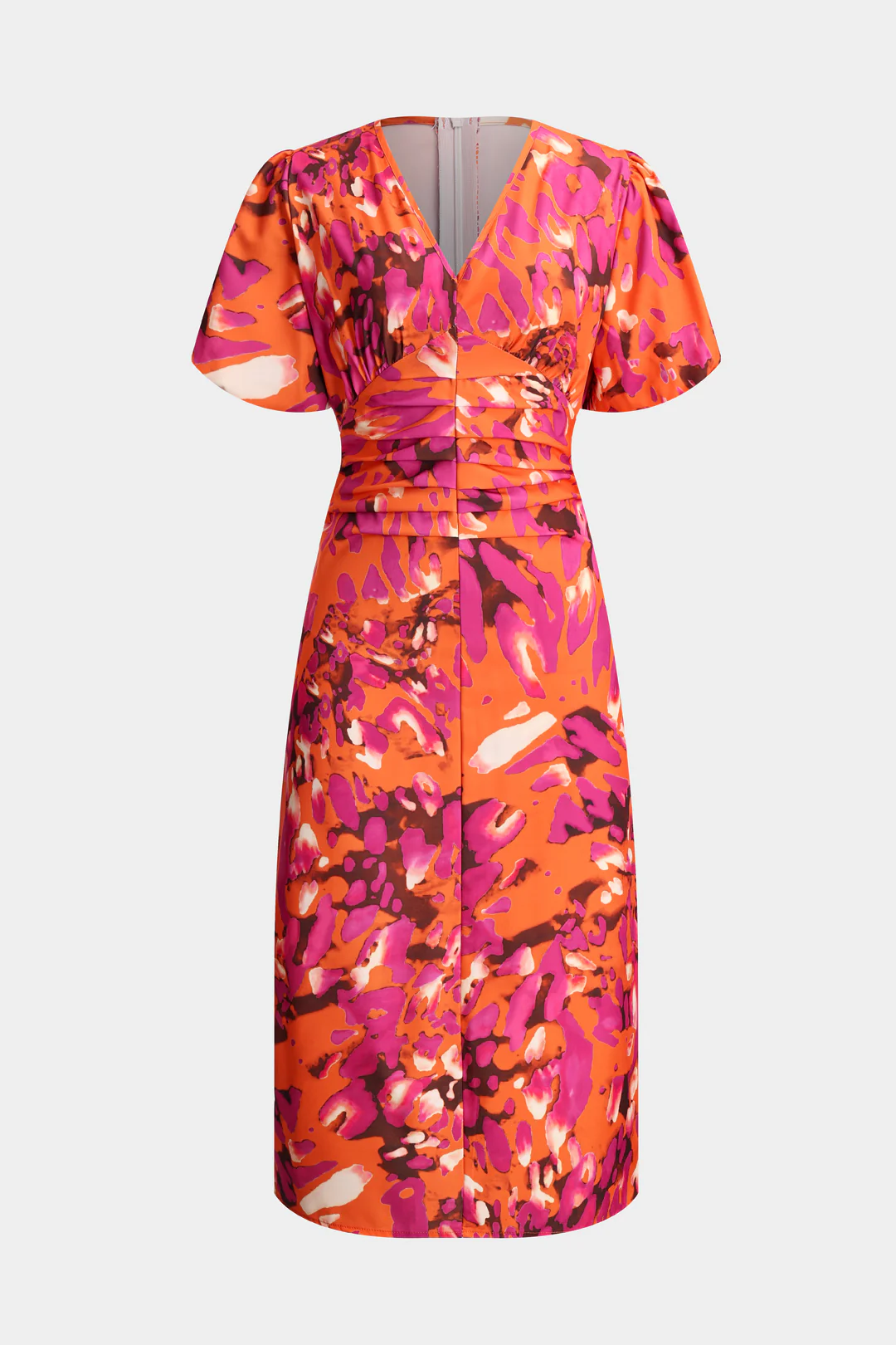 Watercolor Print Pleated V-Neck Puff Short Sleeve Midi Dress - Weenar
