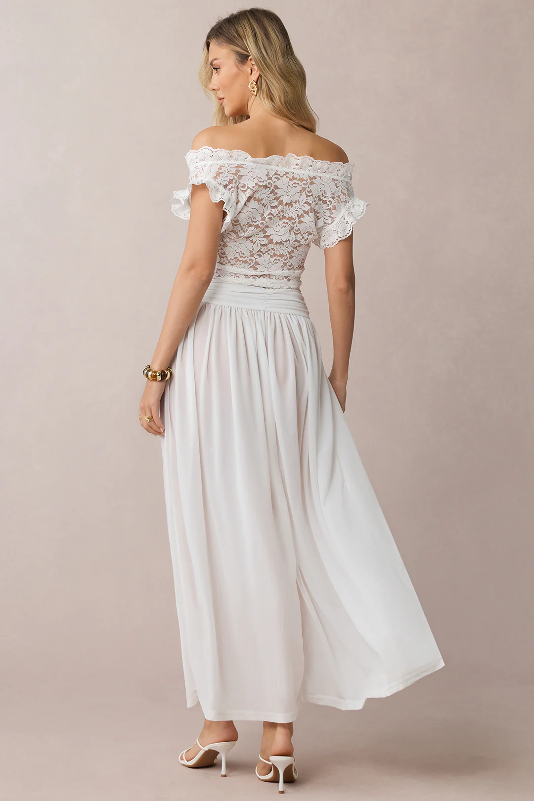 Sheer Lace Patchwork Off-Shoulder Ruched Sleeveless Midi Dress - Weenar