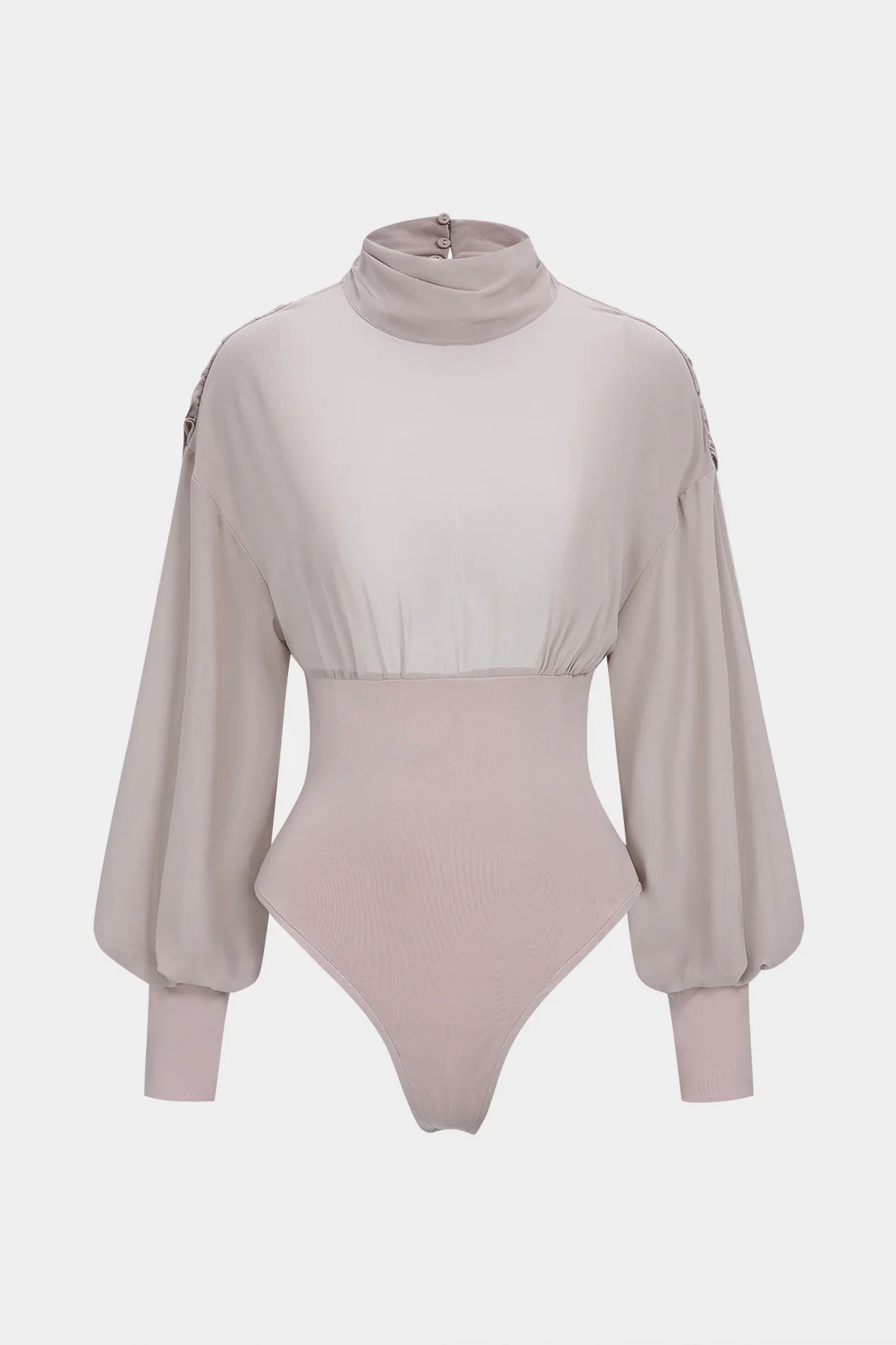 Chiffon Patchwork Mock Neck Backless Long Sleeve Bodysuit - Weenar
