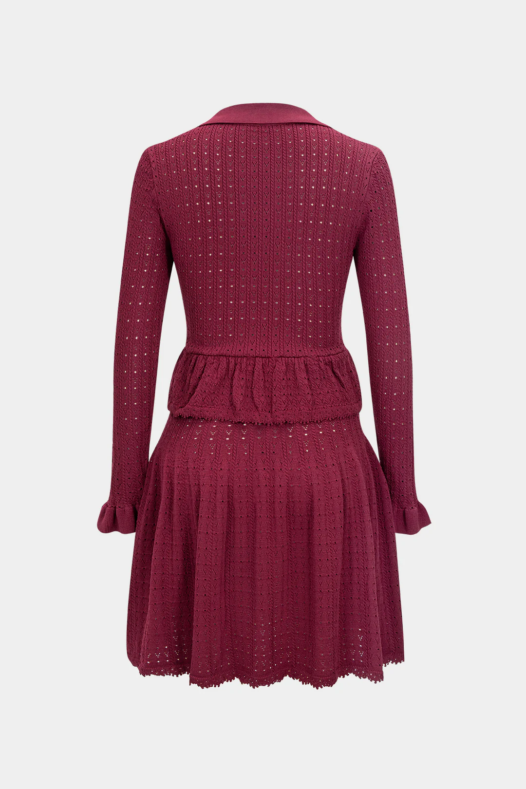 Knit V-Neck Hollow Out Ruffle Long-Sleeve Dress - Weenar