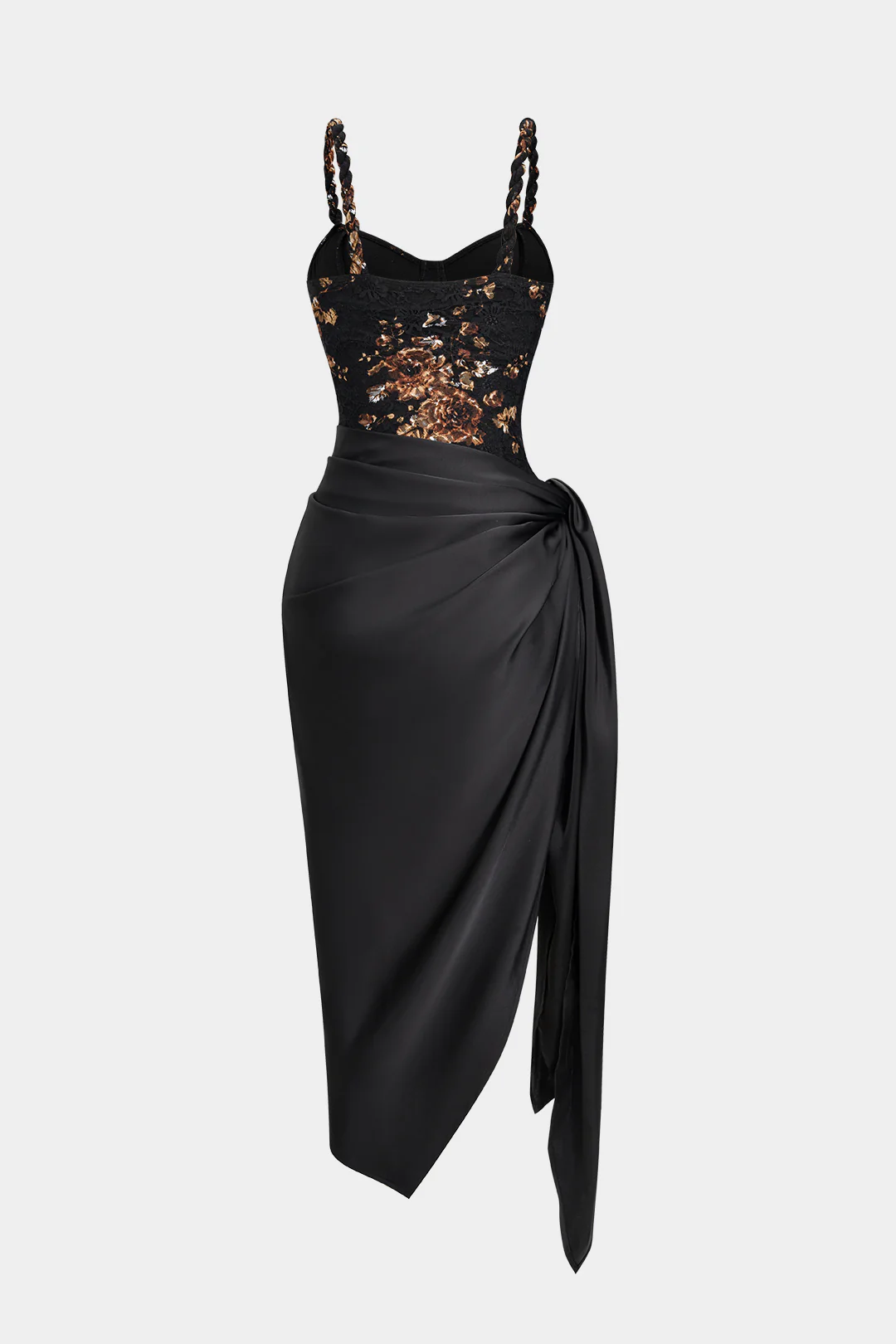 Floral Lace Patchwork Twist Knot Sleeveless Dress And Satin Asymmetrical Tie-Knot Skirt Set - Weenar