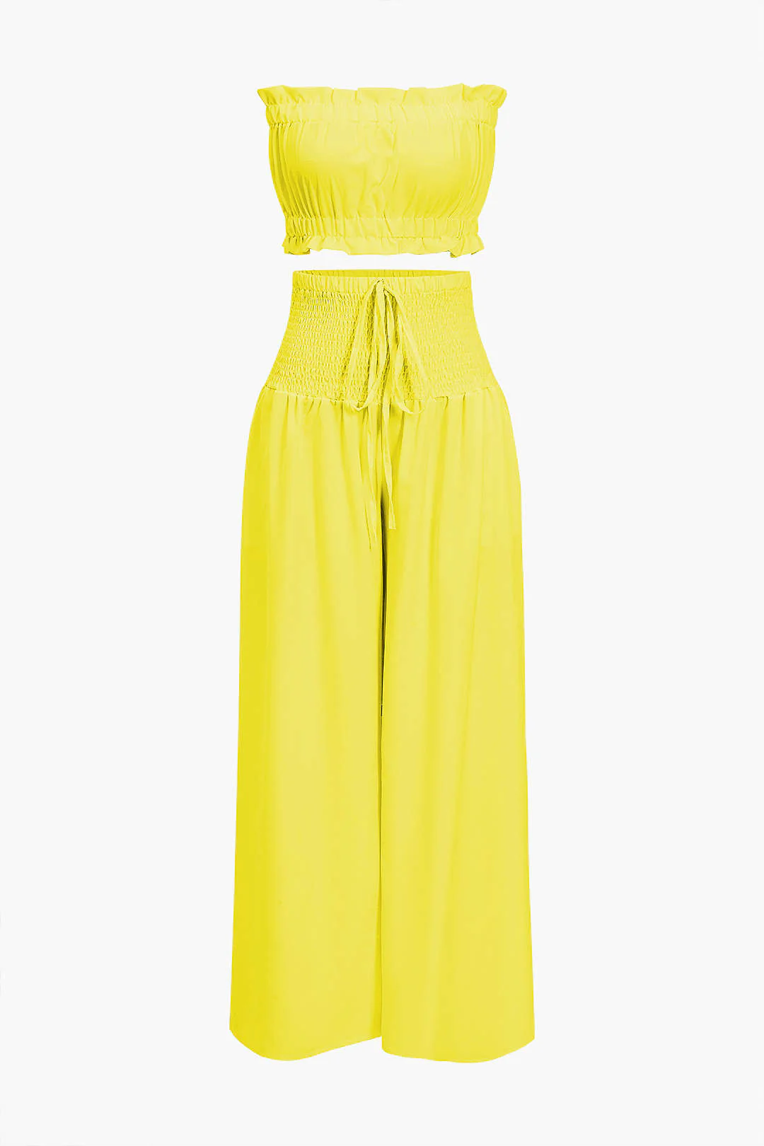 Ruched Tube Top And Tie Front Wide Leg Trousers Set - Weenar