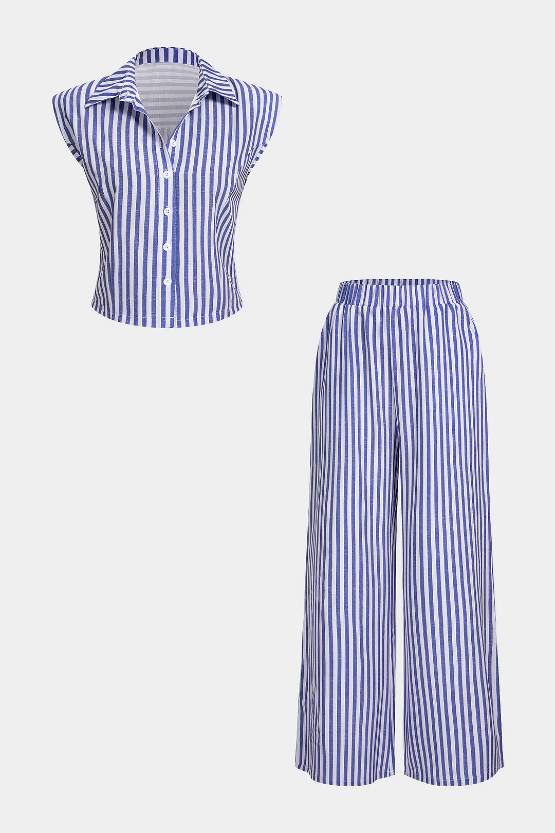Stripes Print Lapel Sleeveless Top And Wide Leg Pants Set - Weenar