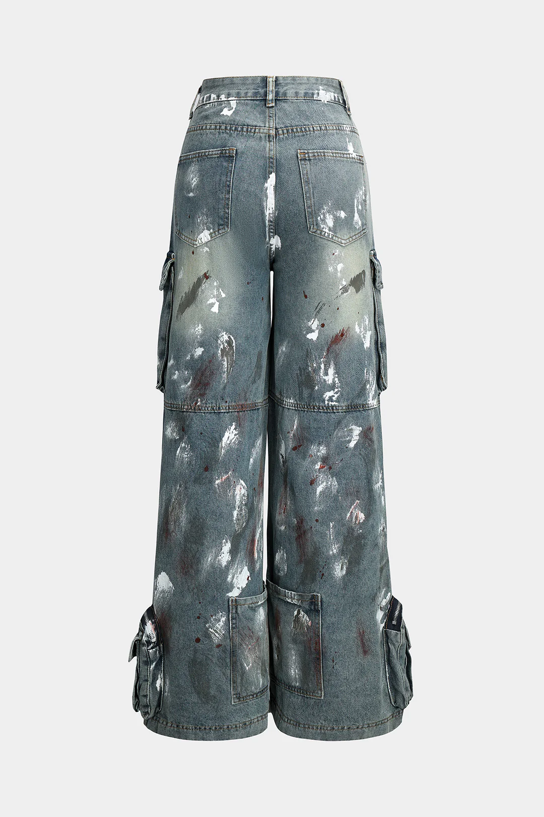 Graffiti Denim Washed Button Pocket Zipper Wide Leg Jeans - Weenar