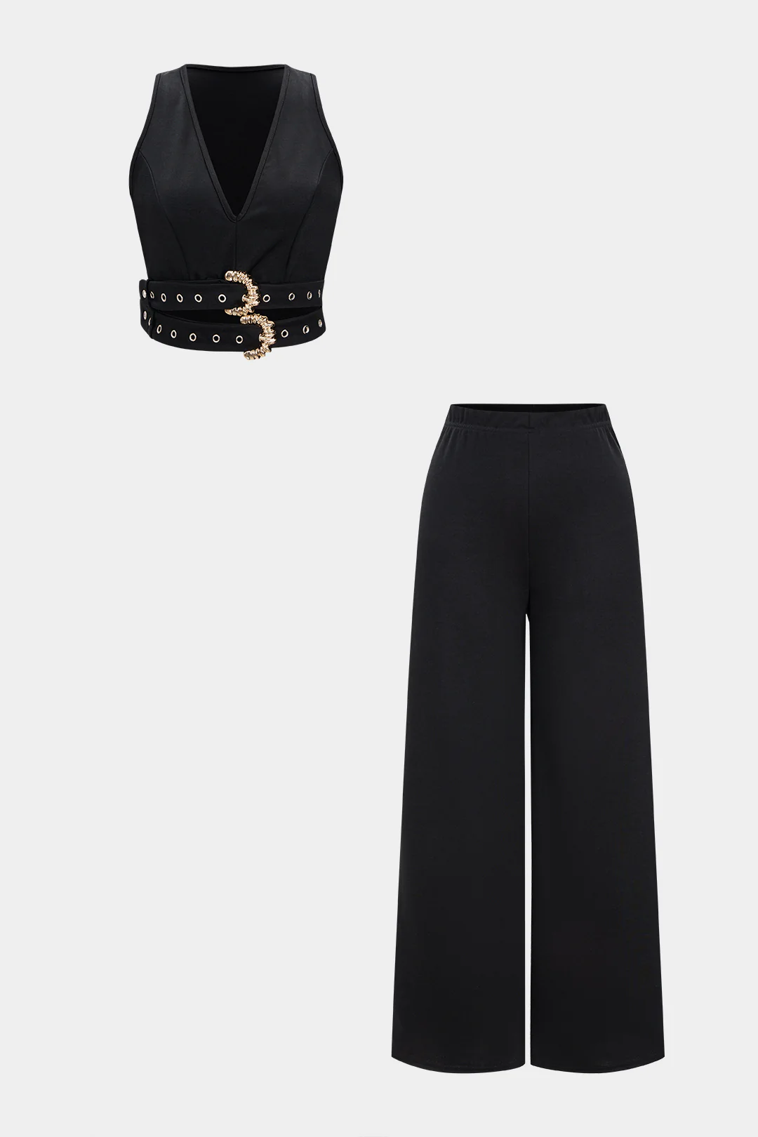 V-Neck Belted Tank Top And Wide Leg Pants - Weenar