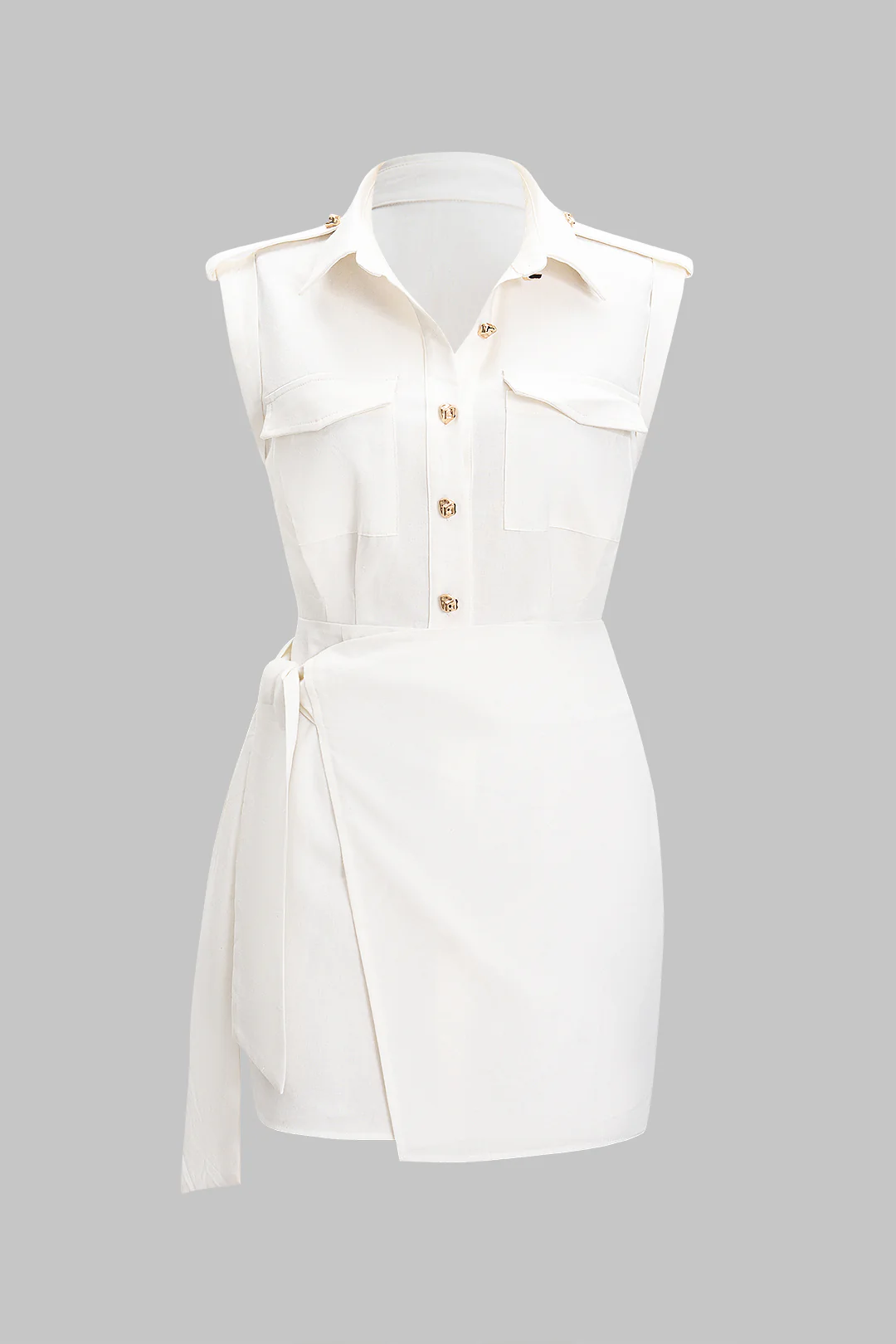 Linen Tie-Up Metallic Button Pocket Sleeveless Mini Dress - Weenar