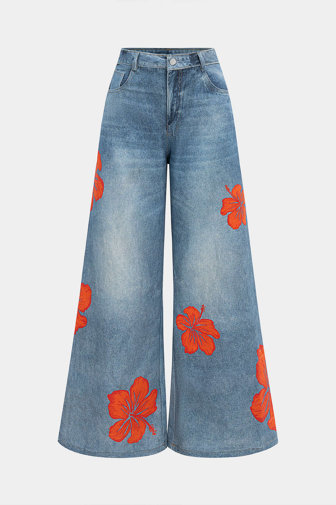 Denim Floral Print Wide Leg Jeans - Weenar