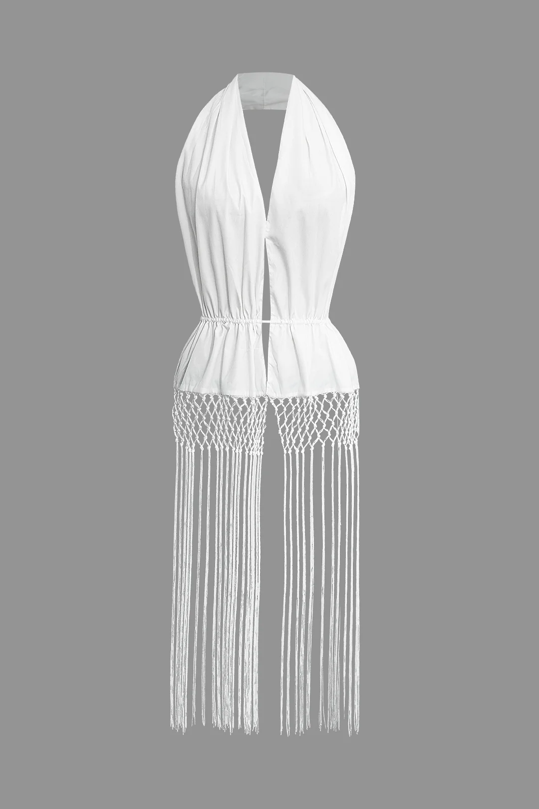 Halter Neck Tie Up Fringe Hem Backless Tank Top - Weenar