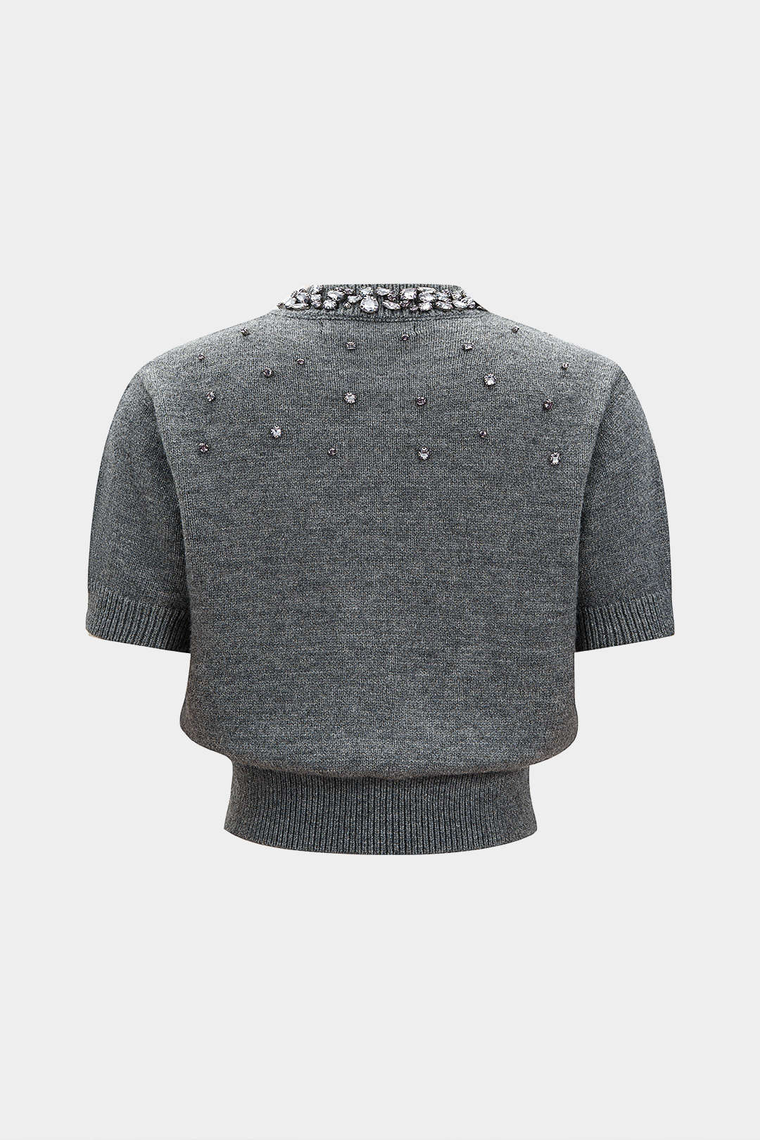Knit Rhinestone Decor Round Neck Button Short-Sleeve Top - Weenar