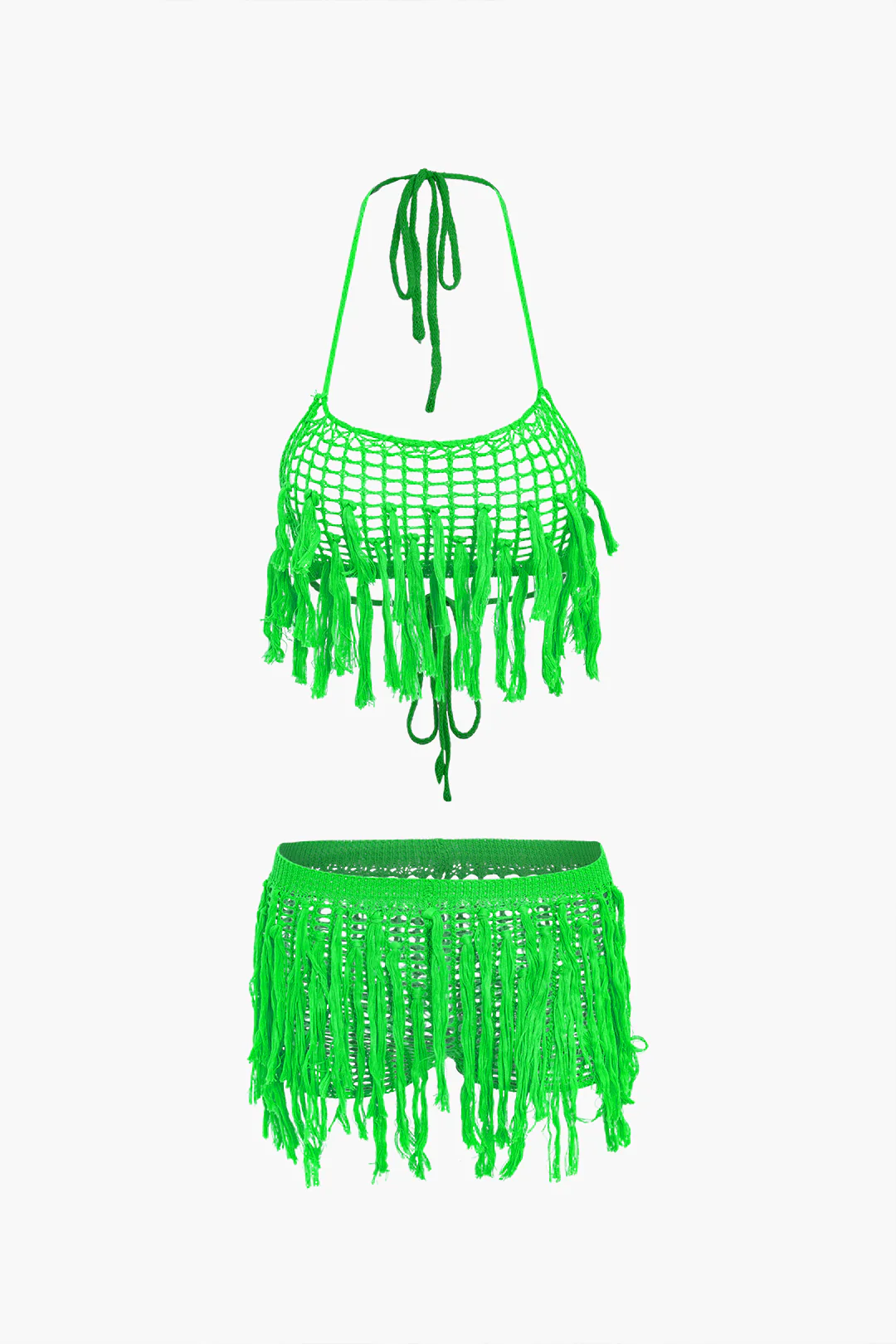 Knit Halter Neck Tie Up Fringe Cut Out Backless Cami Top And shorts Set - Weenar