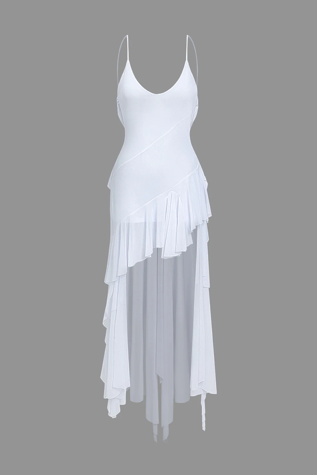 Mesh Backless Asymmetrical Ruffle Sleeveless Maxi Dress - Weenar