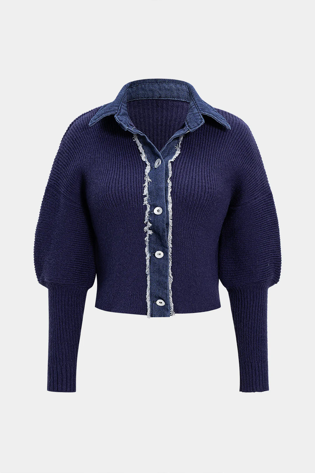 Knit Patchwork Frayed Button Long-Sleeve Top - Weenar