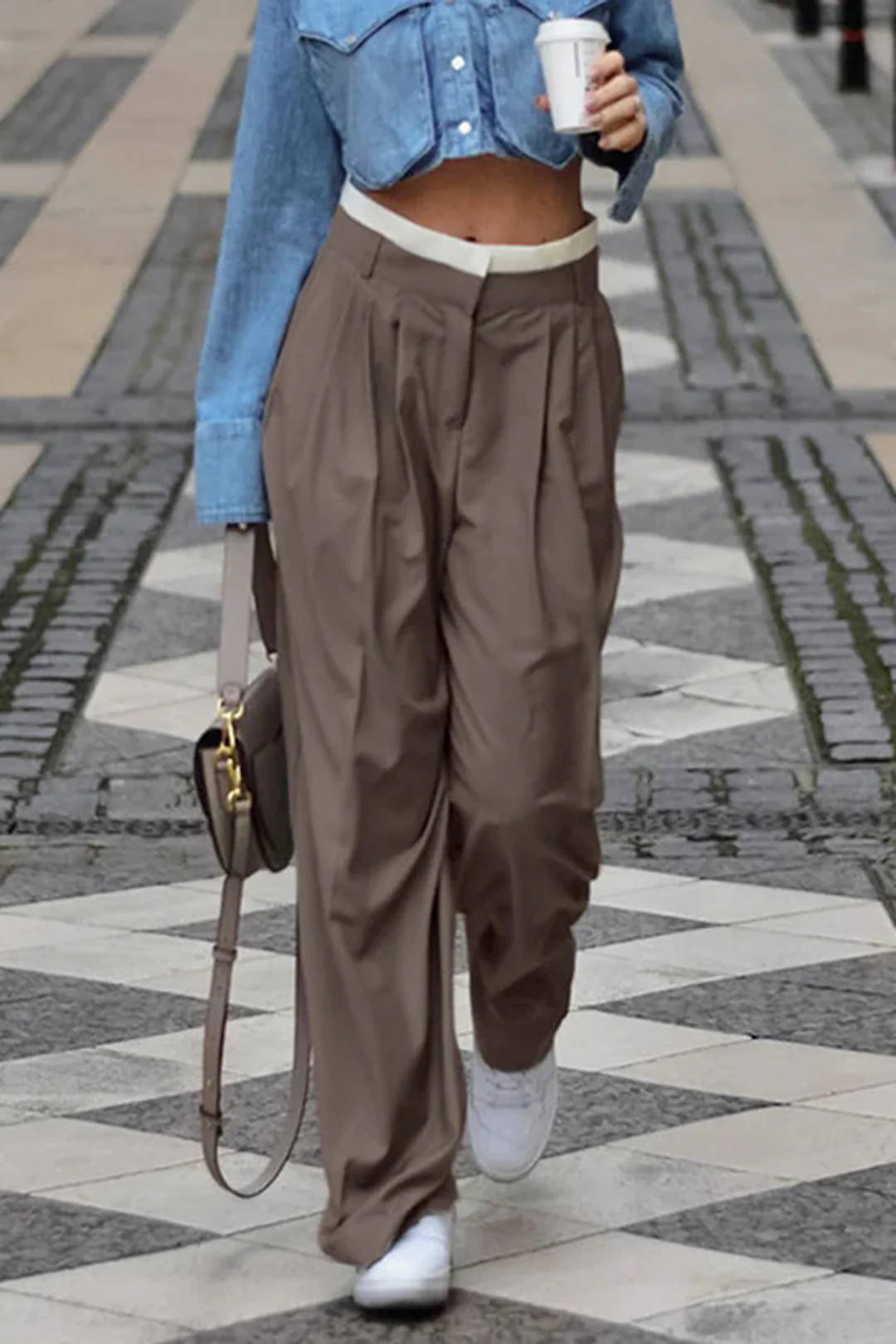 Contrast Double Waistband Pleated Straight Leg Pants - Weenar