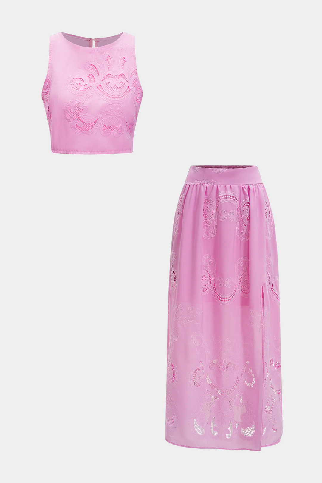 Hollow Out Embroidery Tank Top And Skirt Set - Weenar