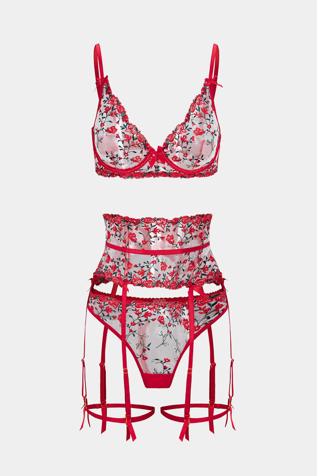 Embroidery Bow Slip Corset Waist Lingerie Garter Set - Weenar