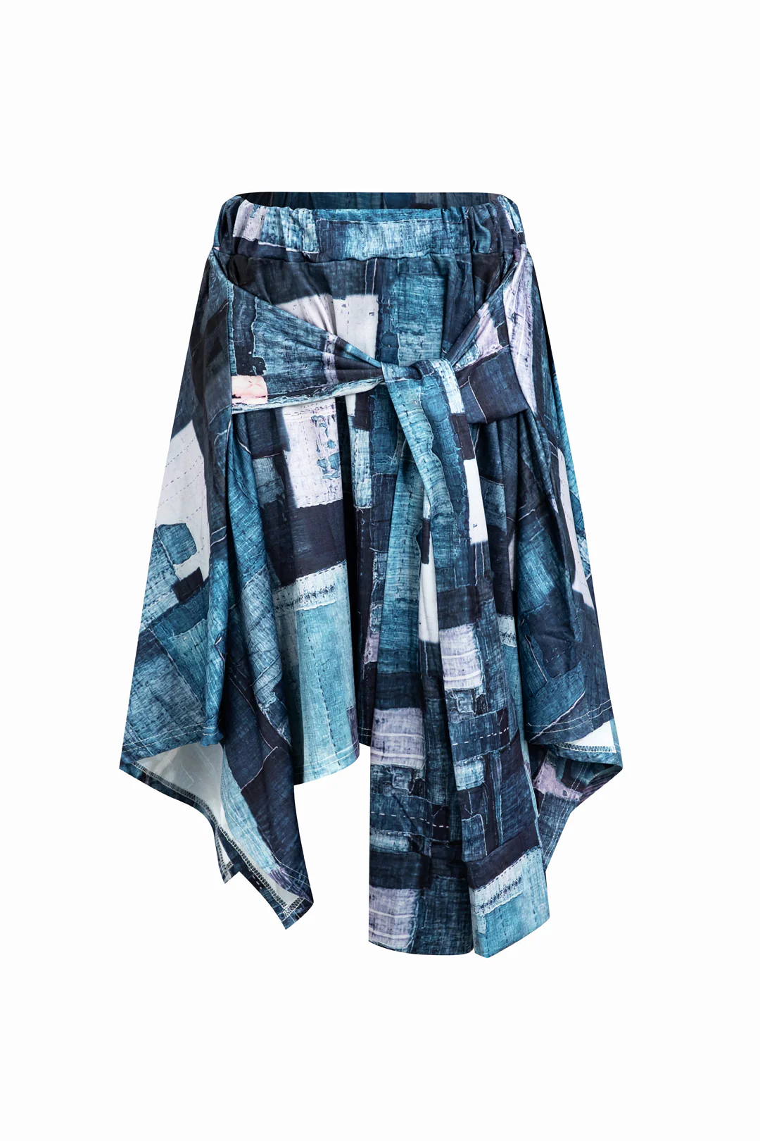 Denim Print Ruched Asymmetrical Tie Up Skirt - Weenar