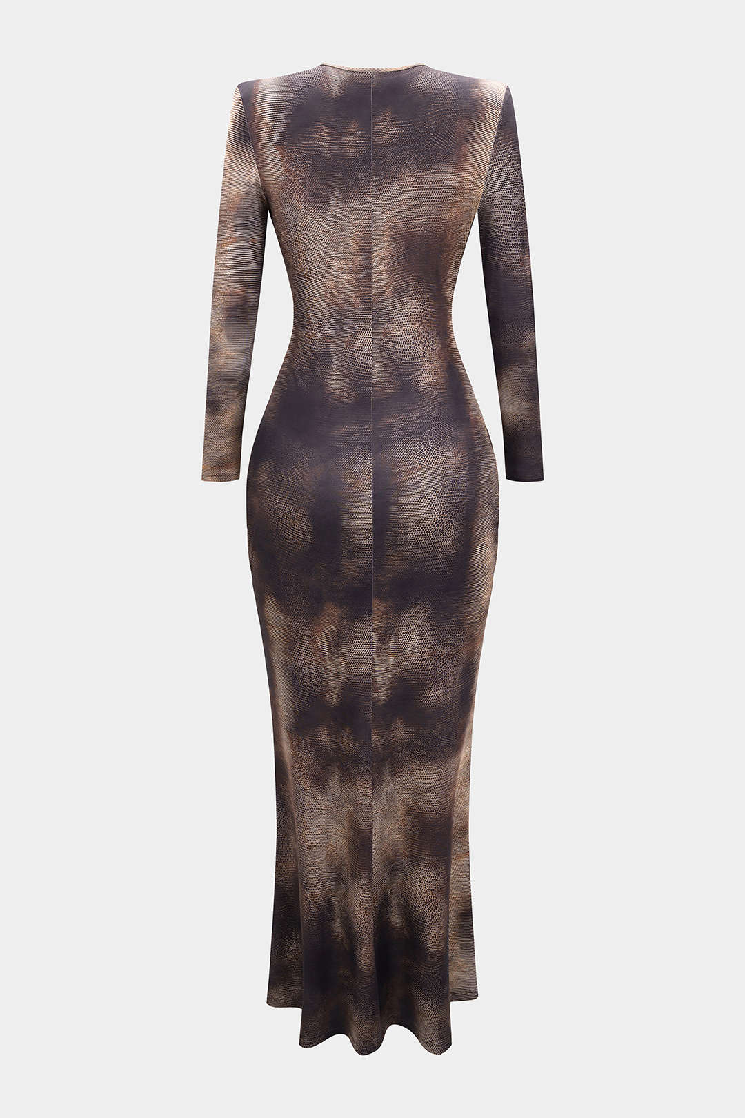 Snake Skin Print Mesh Ruched Fringe Trim V-Neck Long Sleeve Maxi Dress - Weenar