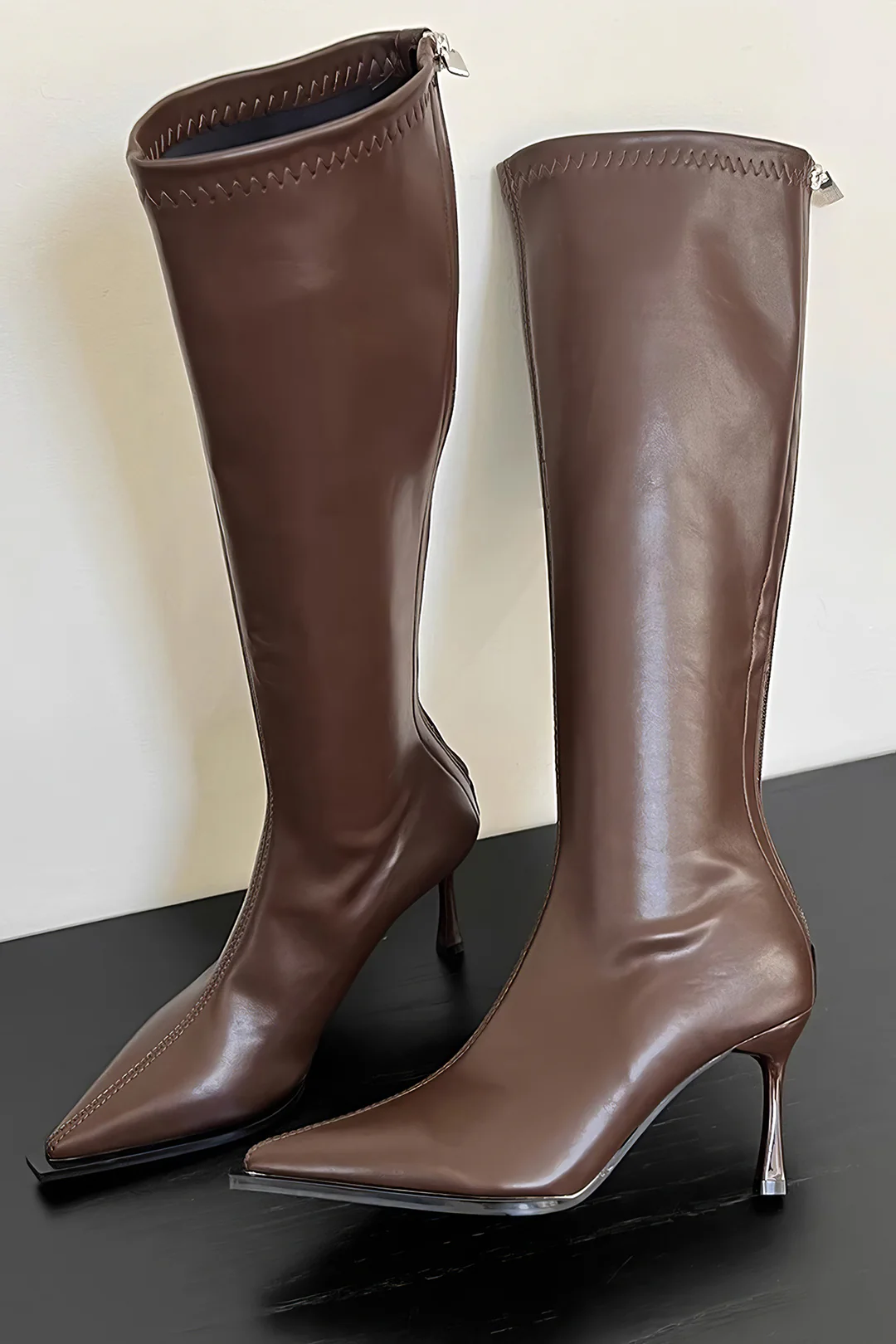 Leather Zipper Pointed Toe Knee High Boots - Weenar