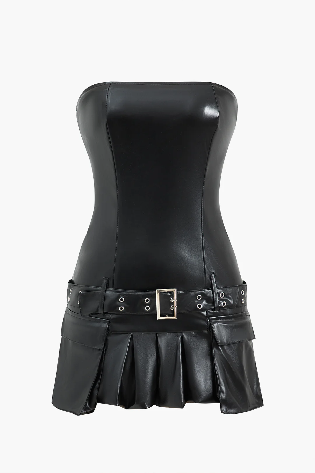 Faux Leather Strapless Pleated Belted Sleeveless Mini Dress - Weenar