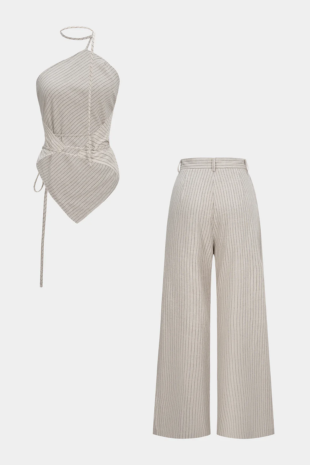 Stripes Print Halter Tie-Up Backless Top And Wide Leg Pants Set - Weenar