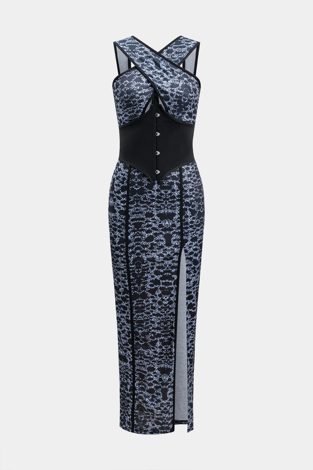 Leopard Print Satin Corset Crossed Cut Out Sleeveless Midi Dress - Weenar