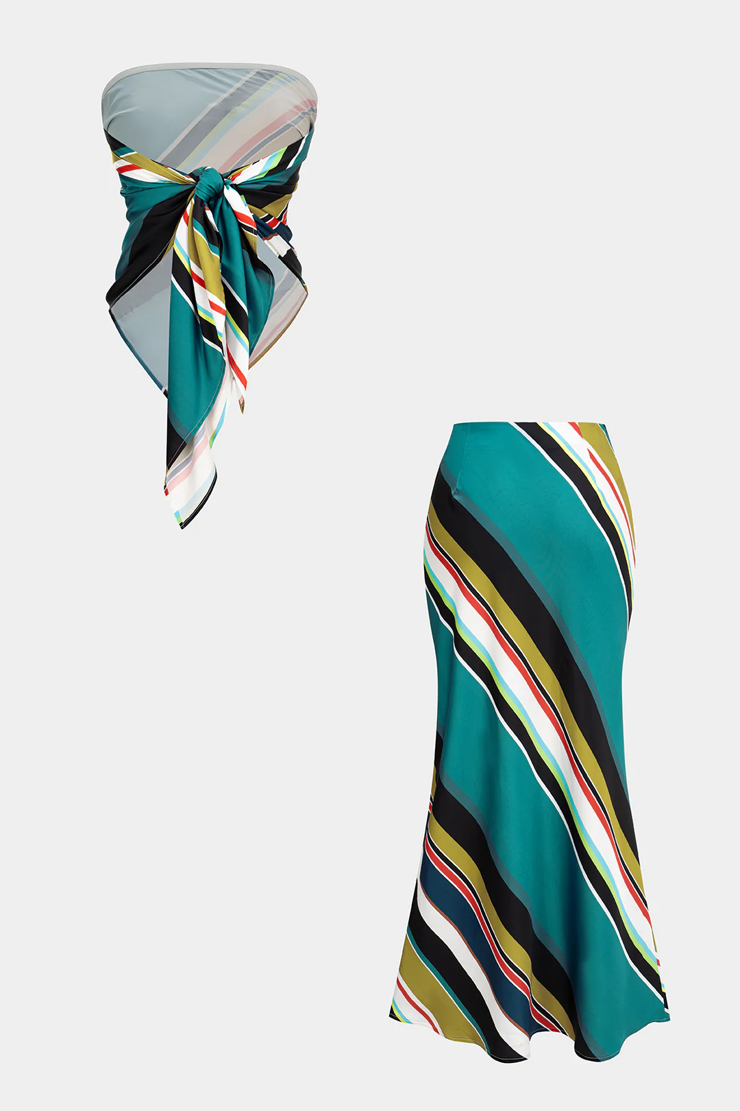 Contrast Stripes Print Satin Tie Back Tube Top And High Waist Skirt Set - Weenar