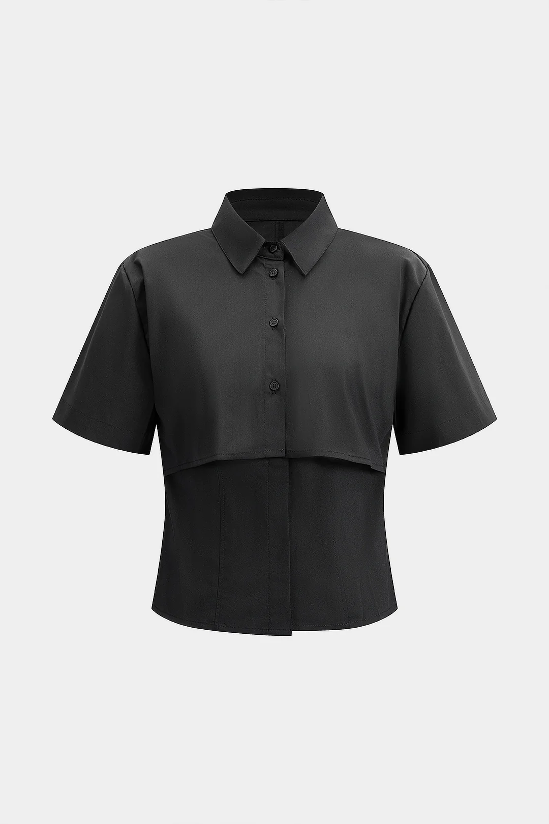 Solid Lapel Double Layer Button Short-Sleeve Shirt - Weenar
