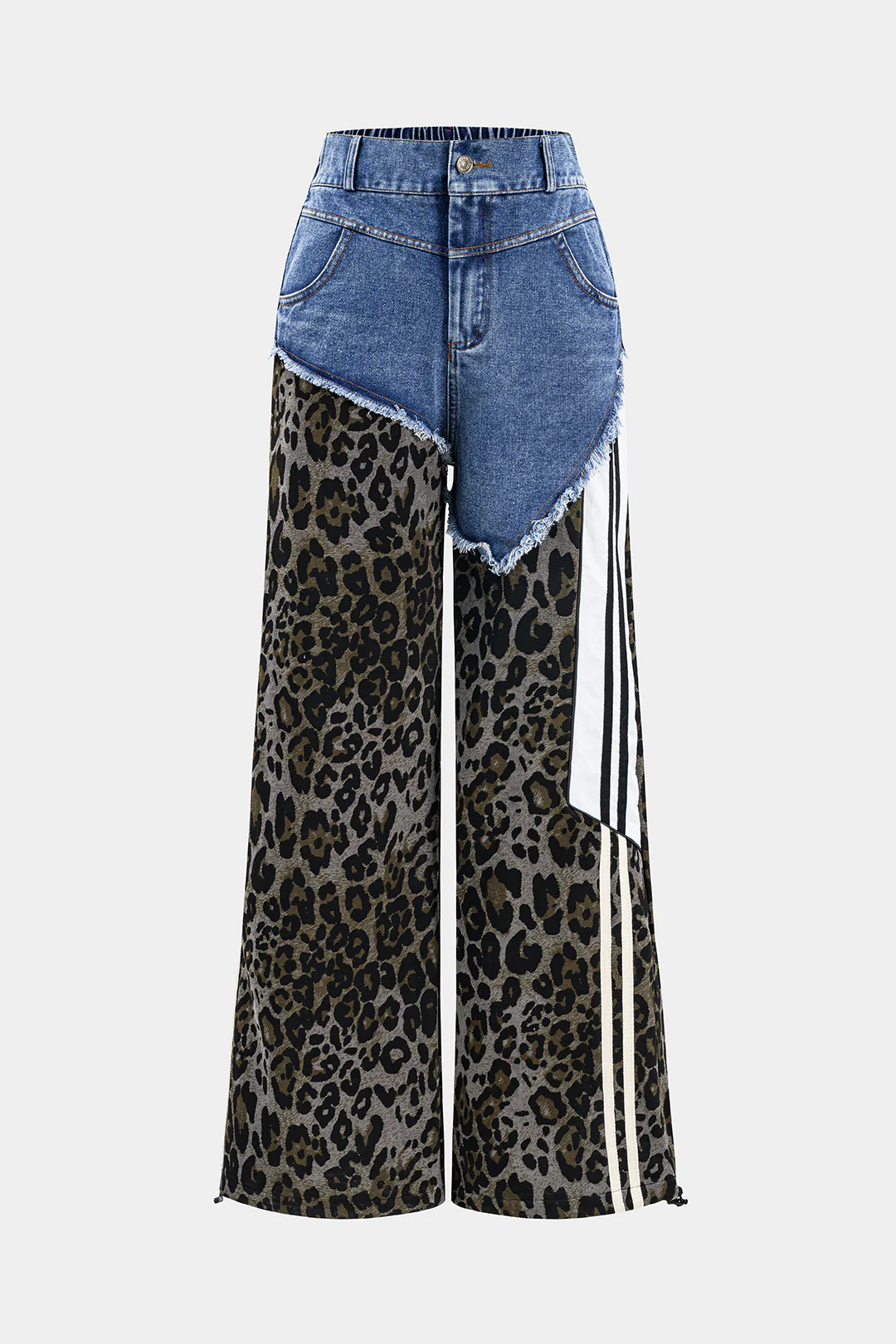 Leopard Print Denim Patchwork Button Pocket Wide Leg Jeans - Weenar
