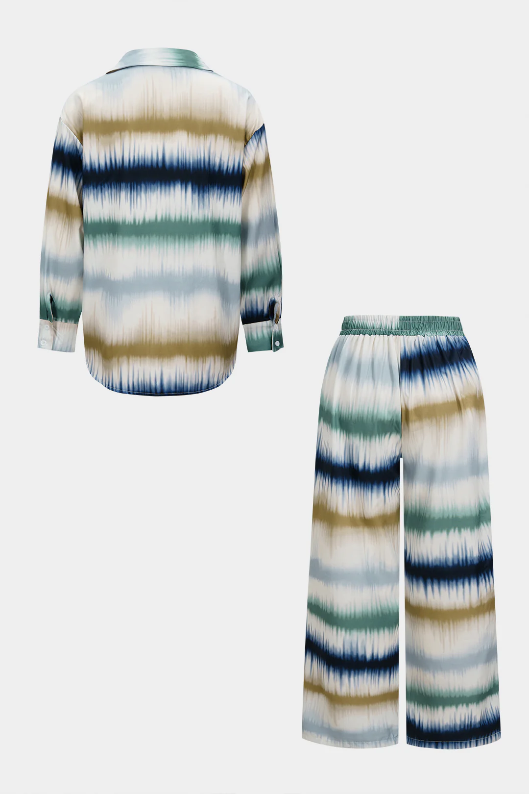Plus Size Contrast Tie Dye Print Button Long Sleeve Shirt And Shirred Waistband Pants Set - Weenar