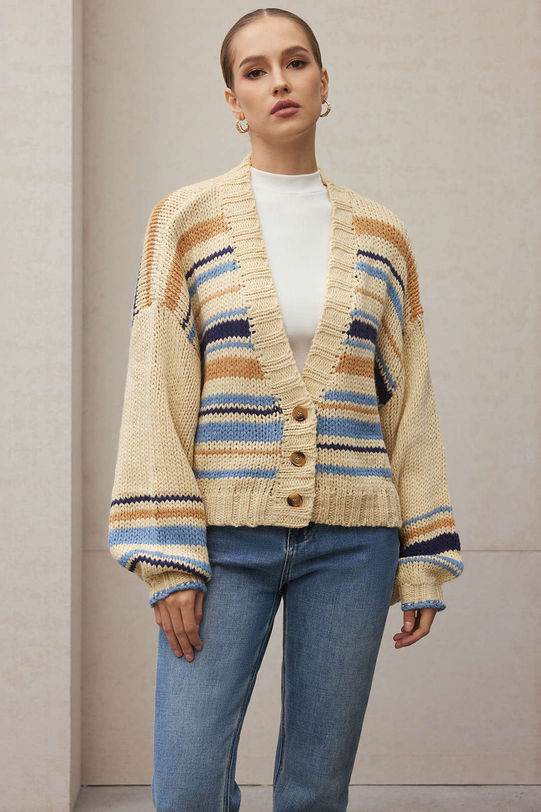 Knit V-Neck Color-Block Button Cardigan - Weenar